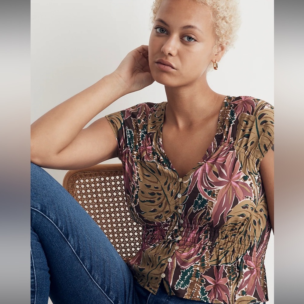 Madewell Shirred Cap-Sleeve Top in Brushstroke Monstera sz S NL043 - Picture 2 of 7